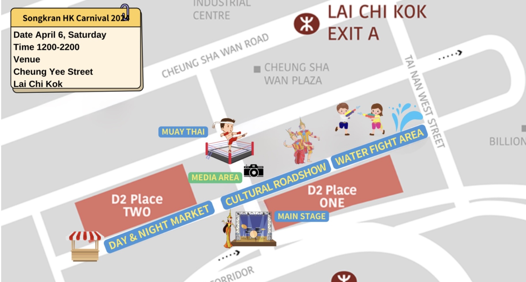 map showing the water-fight zone and other songkran festivities in hong kong